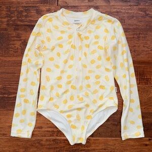 Quince Long Sleeve Yellow Pineapple Print Swim Bodysuit Onepiece, size 8